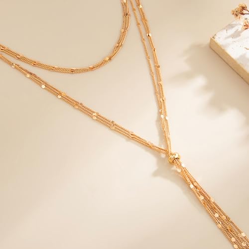 Frodete Gold Lariat Necklace for Women Long Gold Drop Necklace with Clear Beads Adjustable Y Necklace for Dresses Party Vacation - color: D2:gold long necklace