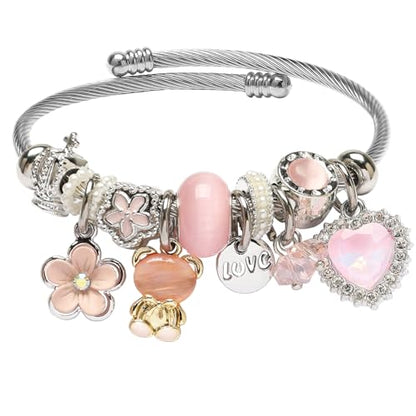 DS Charm Bracelets for girls,exquisite cute cartoon friendship bracelets Silver Stainless Steel Bangle with birthday Gift box, Adjustable girls jewelry Suitable for holiday gifts - style: Silver-pink bear 2