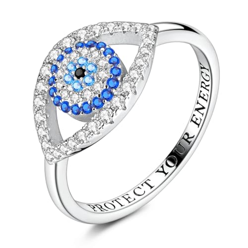 Hapour 925 Sterling Silver Rings for Women Firefly Ring, Glow in the Dark | Sun Moon Star Band Ring Rainbow Evil Eye Chunky Heart Thumb Pinky Stackable Dainty Ring, 14K Gold Plated, Cubic Zirconia - color: Blue CZ Devil's Eye, size: 8