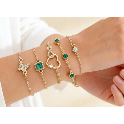 Alegend 14K Gold Plated Stackable Multilayer Bracelets + Titanium Steel(Not Rust, Resist Corruption, Easily Clean) 18K Gold Plated Single Bracelets - color: 14K Gold + 5PCS Crystal