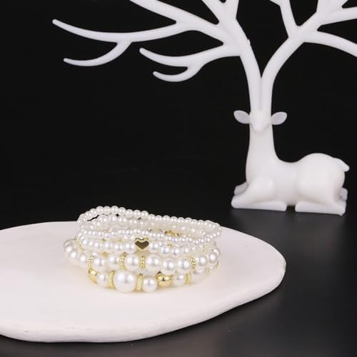 Pearl Bracelets for Women Simulated Pearl Beaded Bracelet White Pearls Stackable Stretch Bracelet Set Multilayered Elastic Pearls Bracelets for Women Bridesmaid Bridal Jewelry - color: Gold