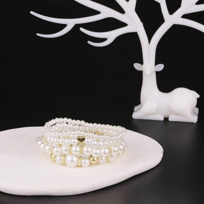 Pearl Bracelets for Women Simulated Pearl Beaded Bracelet White Pearls Stackable Stretch Bracelet Set Multilayered Elastic Pearls Bracelets for Women Bridesmaid Bridal Jewelry - color: Gold