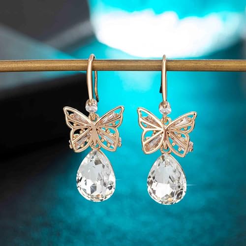 Austrian Crystal Teardrop Butterfly Drop Dangle Earrings for Women 14K Rose Gold Plated Hypoallergenic Jewelry - color: Clear White