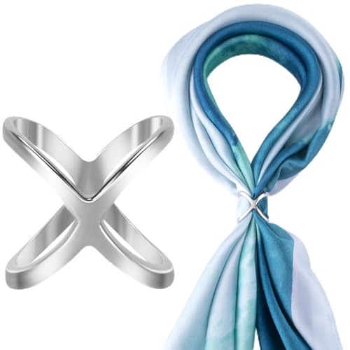 Joez Wonderful Scarf Ring Clip, Wide Band Chunky Chain Silk Scarf Buckle, Shawl Clips Scarf Clasp Holder Scarves Pin - color: (X-shaped) Silver