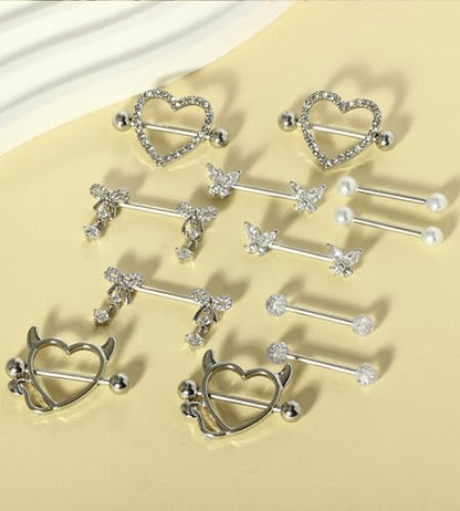 TIANCI FBYJS 6 Pairs 14G Nipple Rings for Women 316L Stainless Steel Heart Bow CZ Flower Barbell Nipple Rings Set Cute Nipplerings Piercing Jewelry - color: silver