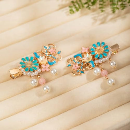 A Pair Wedding Hair Clips, Handmade Floral Design Crystal Hair Clips Pearl Barrettes, Rhinestones Flower Clips Pearl Headpieces Hair Pins Hair Accessories for Women Girls (Blue Flower) - color: Blue Flower