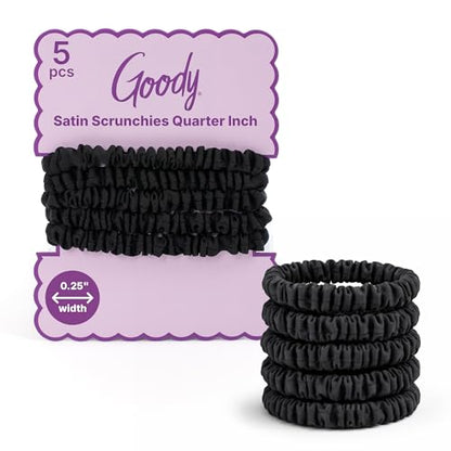 Goody Ouchless Quarter Inch Satin Scrunchies, Frizz Fighting, No Damage Scrunchies, All Hair Types, Gentle, Secure & Creaseless Hair Ties for Day and Overnight, Gifts for Women & Girls, 5 Ct, Black - style: Quarter Inch/Small