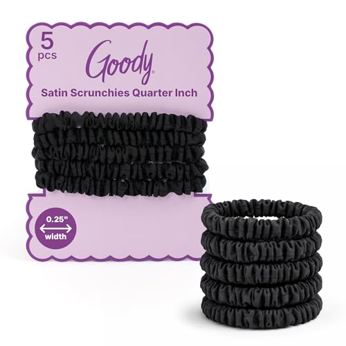 Goody Ouchless Quarter Inch Satin Scrunchies, Frizz Fighting, No Damage Scrunchies, All Hair Types, Gentle, Secure & Creaseless Hair Ties for Day and Overnight, Gifts for Women & Girls, 5 Ct, Black - style: Quarter Inch/Small