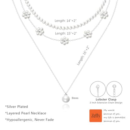 Zeffy Gold Pearl Necklace for Women, Dainty 14K Gold/Silve Plated Layered Pearl Choker Pearl Earrings Pearl Bracelets Wedding Trendy Gold Jewelry Set for Women Gifts - style: Silver Daisy Pearl Necklace-3PCS