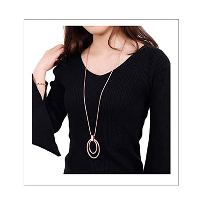 NVENF Long Sweater Chain Double Circle Pendant Necklace Bold Snake Chain Women Statement Necklace - color: C Rose Gold