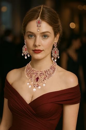 Touchstone Indian jewelry sets for women tikka wedding necklace costume guest statement bollywood rhinestones crystal faux pearls gold big royal neck piece set bridal fashion accessories - color: Red