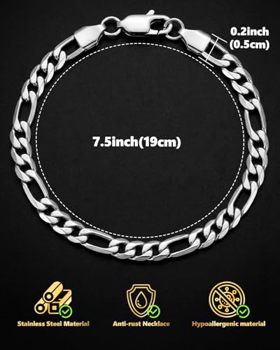 Stainless Steel 5 mm Figaro Link Chain Bracelet (6.5-8 Inches) | Diamond-Cut Figaro Chain Bracelet 5 mm for Men and Women 18K Gold & Silver - size: One Size