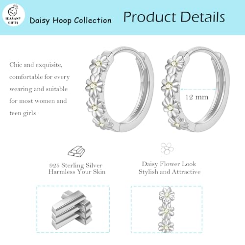 Sterling Silver Hoop Earrings for Women, Dainty Small Huggie Hoop Earrings | Hypoallergenic Daisy Color Cubic Zirconia Flower Hoops Earring Jewellery Gifts for Ladies Birthday Wedding, 12mm Hoop - color: Yellow