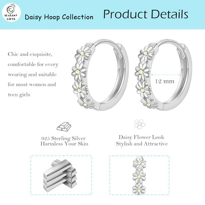 Sterling Silver Hoop Earrings for Women, Dainty Small Huggie Hoop Earrings | Hypoallergenic Daisy Color Cubic Zirconia Flower Hoops Earring Jewellery Gifts for Ladies Birthday Wedding, 12mm Hoop - color: Yellow