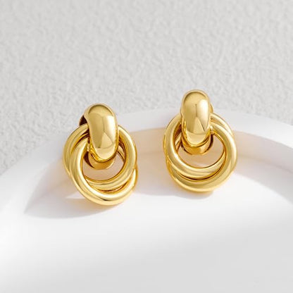 Gold Geometric Drop Dangle Earrings for Women Chunky Trendy Knot Stud Small Twisted Link Earring Jewelry Gift - color: B-Small Flower-Gold