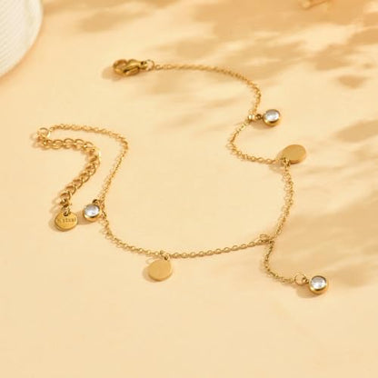 Gold Ankle for Women 18K Gold Plated Tennis Sapphire Paperclip Pearl Sequin Droplet Lip Link Chain Large Anklet Bracelets Simple Beach Summer Waterproof Foot Jewelry - color: Sequin CZ-Gold