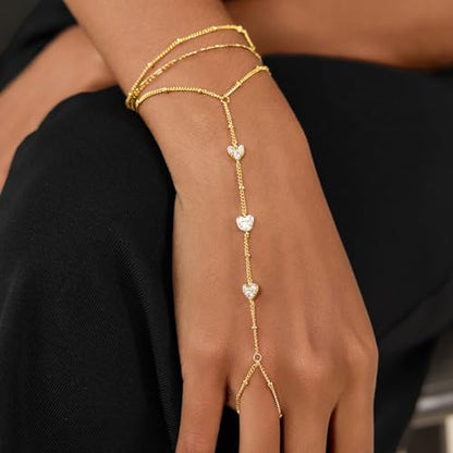 Cicy Bell Hand Chain Bracelets for Women 18K Gold Plated | Layered Stackable Dainty Ring Bracelets, Adjustable Satellite Bead Dot Link Finger Bracelets - color: Style G-Gold