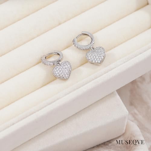 CZ Heart Dangle Earrings for Women 14K Gold Plated Pave Cubic Zirconia Heart Drop Huggie Hoop Earrings Minimalist Small Cute Crystal Love Jewelry Gifts Her Mom Daughter [HER-CZ] - color: Silver
