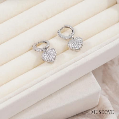 CZ Heart Dangle Earrings for Women 14K Gold Plated Pave Cubic Zirconia Heart Drop Huggie Hoop Earrings Minimalist Small Cute Crystal Love Jewelry Gifts Her Mom Daughter [HER-CZ] - color: Silver