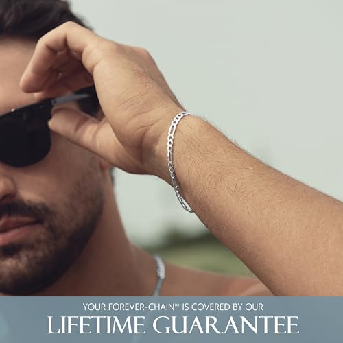 KISPER Solid 925 Sterling Silver Chain Bracelet for Men 5mm | Made in Italy, anti-tarnish, waterproof, hypoallergenic, nickel-free, 6.5-9 inches, cuban curb figaro links - size: 8 inches (Medium)