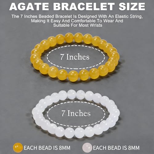 2PCS Agate Bracelet for Women Men Natural Round Beaded Agates Stone Healing Stretch Bracelets Elastic Handmade Polished Gemstone Beads Bracelet - color: White+Yellow, size: 8mm Beads