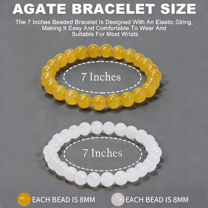 2PCS Agate Bracelet for Women Men Natural Round Beaded Agates Stone Healing Stretch Bracelets Elastic Handmade Polished Gemstone Beads Bracelet - color: White+Yellow, size: 8mm Beads