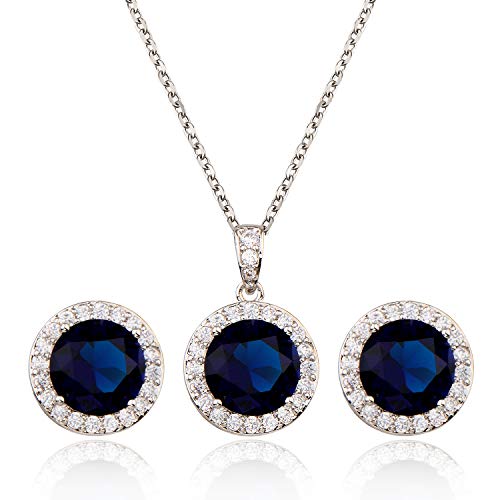 Bridal Crystal Jewelry Set - Sterling Silver Round Cubic Zirconia CZ Rhinestone Halo Birthstone Pendant Necklace Stud Earrings Set for Wedding Bride Bridesmaids Birthday Gift - color: Sapphire Blue
