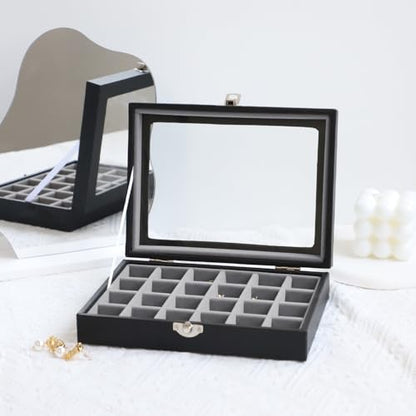 Wudygirl 24 Grid Earring Organizer Small Jewelry Box with Lid BlackGray | Ring Box with Adjustable Dividers, Velvet Lining, Ideal for Rings, Earrings, Jewelry Display, Gift Giving - style: Black Gray 24 Grid