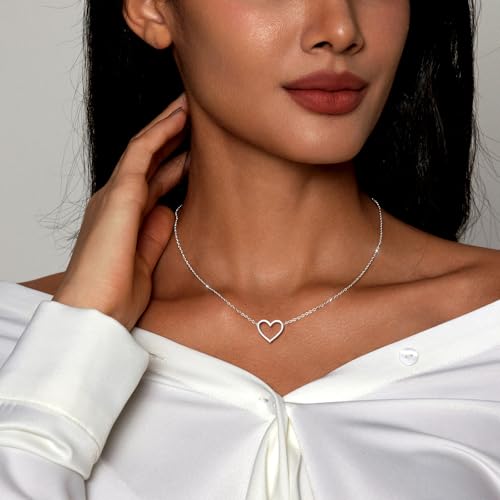 Zeffy Dainty Gold Heart Necklace for Women Trendy 14K Gold/Silver Plate Cute Heart Pendant Choker Necklaces Gold Love Heart Chain Necklace for Women Dainty Gold Jewelry Gifts for Women - style: Open Heart Necklace-Silver