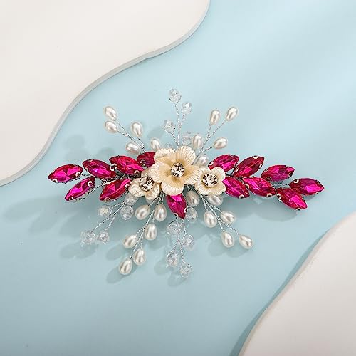 Xerling Rose Red Rhinestones Crystal Flower Hair Barrettes Clip Boho Bridal Pearl Hair Jewelry Accessories for Women Wedding Floral Headpieces (Rose Red) - color: Rose Red