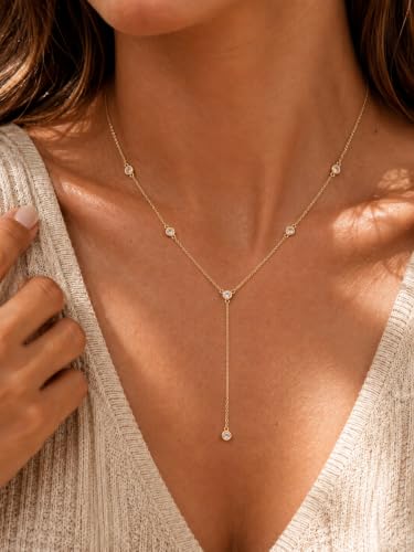 Lariat Gold Necklace for Women, Dainty Long Necklaces 14k Gold Plated Y-Shaped Layered Drop Necklaces for Women Trendy Simple Gold Jewelry for Prom Vacation Gifts - color: Station Y Necklace-Gold