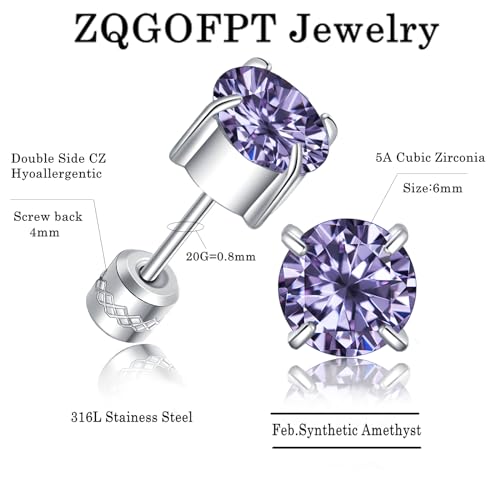 Titanium Flat Back Surgical Stainless Steel Stud Earrings for Women Men,Birthstone Stud Earrings Hypoallergenic Double Side 5A Cubic Zirconia Studs Jewelry 6mm - color: February(Amethyst)