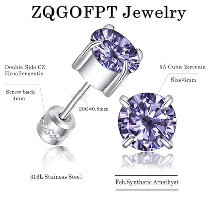 Titanium Flat Back Surgical Stainless Steel Stud Earrings for Women Men,Birthstone Stud Earrings Hypoallergenic Double Side 5A Cubic Zirconia Studs Jewelry 6mm - color: February(Amethyst)