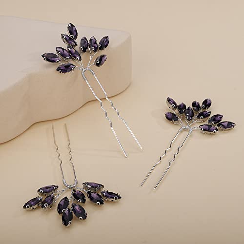 Teyglen 3pcs Bridal Crystal Hair Pins Rhinestones Hair Pieces Simple Crystal Wedding Hair Accessories Handmade Hair Pins for Women Bride Girls (Dark Purple) - color: Dark Purple