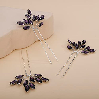 Teyglen 3pcs Bridal Crystal Hair Pins Rhinestones Hair Pieces Simple Crystal Wedding Hair Accessories Handmade Hair Pins for Women Bride Girls (Dark Purple) - color: Dark Purple