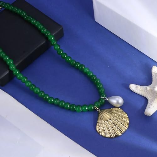 Fish Shell Necklace for Women, Beaded Necklaces Boho Statement Necklace, Pearl Necklaces Summer Beach Vacation Dress & Costume Jewelry - color: Green-shell