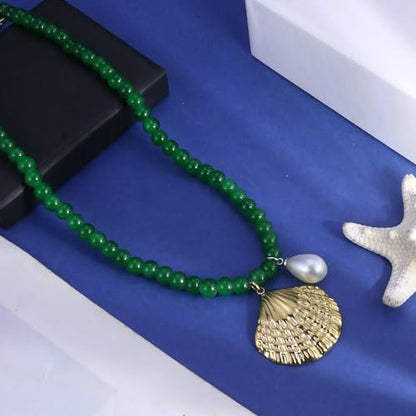 Fish Shell Necklace for Women, Beaded Necklaces Boho Statement Necklace, Pearl Necklaces Summer Beach Vacation Dress & Costume Jewelry - color: Green-shell