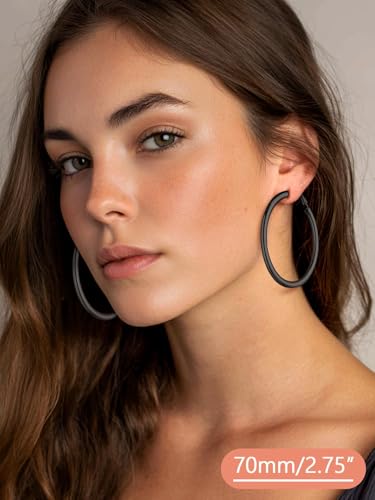 FaithHeart Silver/Black/Gold Stainless Steel Chunky Hoop Earrings for Women | Hypoallergenic Lightweight Hoop Earrings, Trendy Statement Thick Hoop, 20/30/40/50/60/70/80mm - color: Black, size: 70mm