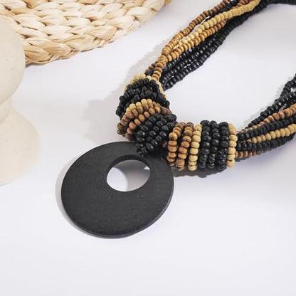 Coiris Chunky Necklaces for Women Statement Wooden Beaded Funky Boho Circle Pendant Necklace Jewellery Gift for Women - color: Black