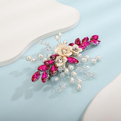 Xerling Rose Red Rhinestones Crystal Flower Hair Barrettes Clip Boho Bridal Pearl Hair Jewelry Accessories for Women Wedding Floral Headpieces (Rose Red) - color: Rose Red