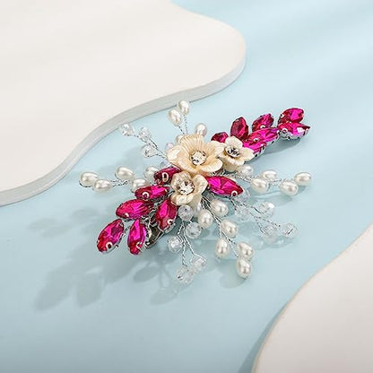 Xerling Rose Red Rhinestones Crystal Flower Hair Barrettes Clip Boho Bridal Pearl Hair Jewelry Accessories for Women Wedding Floral Headpieces (Rose Red) - color: Rose Red