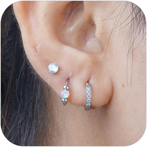 2PCS 18G Opal Cartilage Hoop Earrings, Hypoallergenic Silver Huggie Hoops | 316L Surgical Stainless Steel, 8mm 10mm sizes, hinged closure for easy wear, helix, tragus, conch, nose and daily styling - style: 3Pairs 8mm CZ Hoops Set