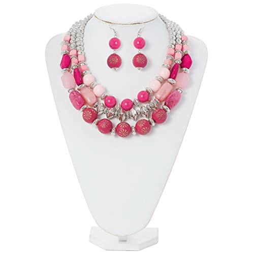 Bocar 3 Layer Chunky Statement Beaded Necklace and Earrings Set, Fashion Multi Layer Women Collar Necklace Jewelry Set - color: Bright Rose-Sliver
