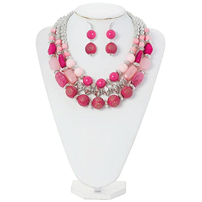 Bocar 3 Layer Chunky Statement Beaded Necklace and Earrings Set, Fashion Multi Layer Women Collar Necklace Jewelry Set - color: Bright Rose-Sliver