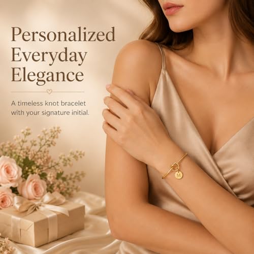 LemonRose Initial Bracelets for Women - Dainty Tie the Knot Letter A-Z 14K Gold Plated for Women Gold Cuff Bracelet for Womens Jewelry Personalized Bridesmaid Proposal Gifts - color: Gold M