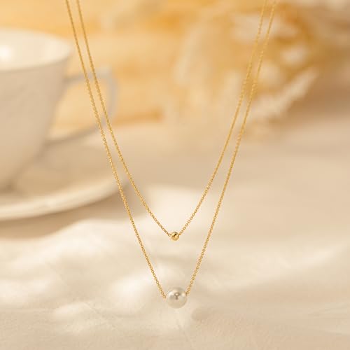 Plenky Pearl Necklaces for Women-14k Gold Plated Layered-Single Pearl Necklace Simple Pearl Choker Necklaces for Women Trendy Cute Gold Necklace Jewelry for Women Gifts - style: Double Gold Pearl Necklace