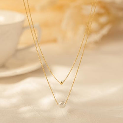 Plenky Pearl Necklaces for Women-14k Gold Plated Layered-Single Pearl Necklace Simple Pearl Choker Necklaces for Women Trendy Cute Gold Necklace Jewelry for Women Gifts - style: Double Gold Pearl Necklace