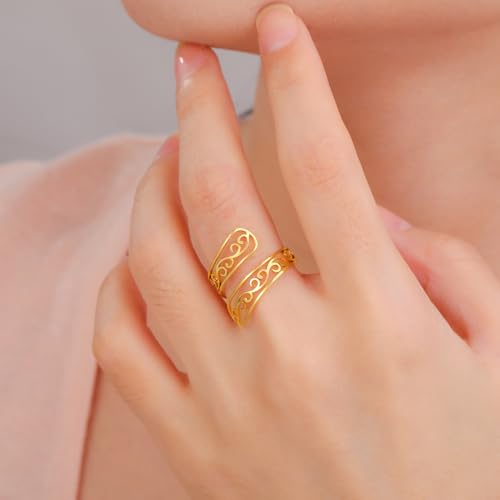 TEAMER Adjustable Filigree Flower Ring Stainless Steel Filigree Flower Ring Bohemian Jewelry Band Open Ring For Women - color: Gold