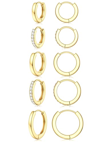 Jstyle Small Gold Hoop Earrings for Women, CZ/Plain Hoops Earring Stacks | Hypoallergenic Earing Hoops for Sensitive Ears, Secure Clasps, Huggie Earrings Stack Set for Cartilage, 14K Gold/Silver/Black - color: 14K Gold Plated