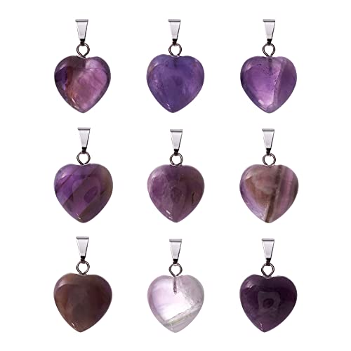 10Pcs Heart Stone Charm Pendants Natural Amethyst Gemstone Pendants with Platinum Brass Loops for DIY Necklace Keychains Earring Crafts Supplies - color: Amethyst
